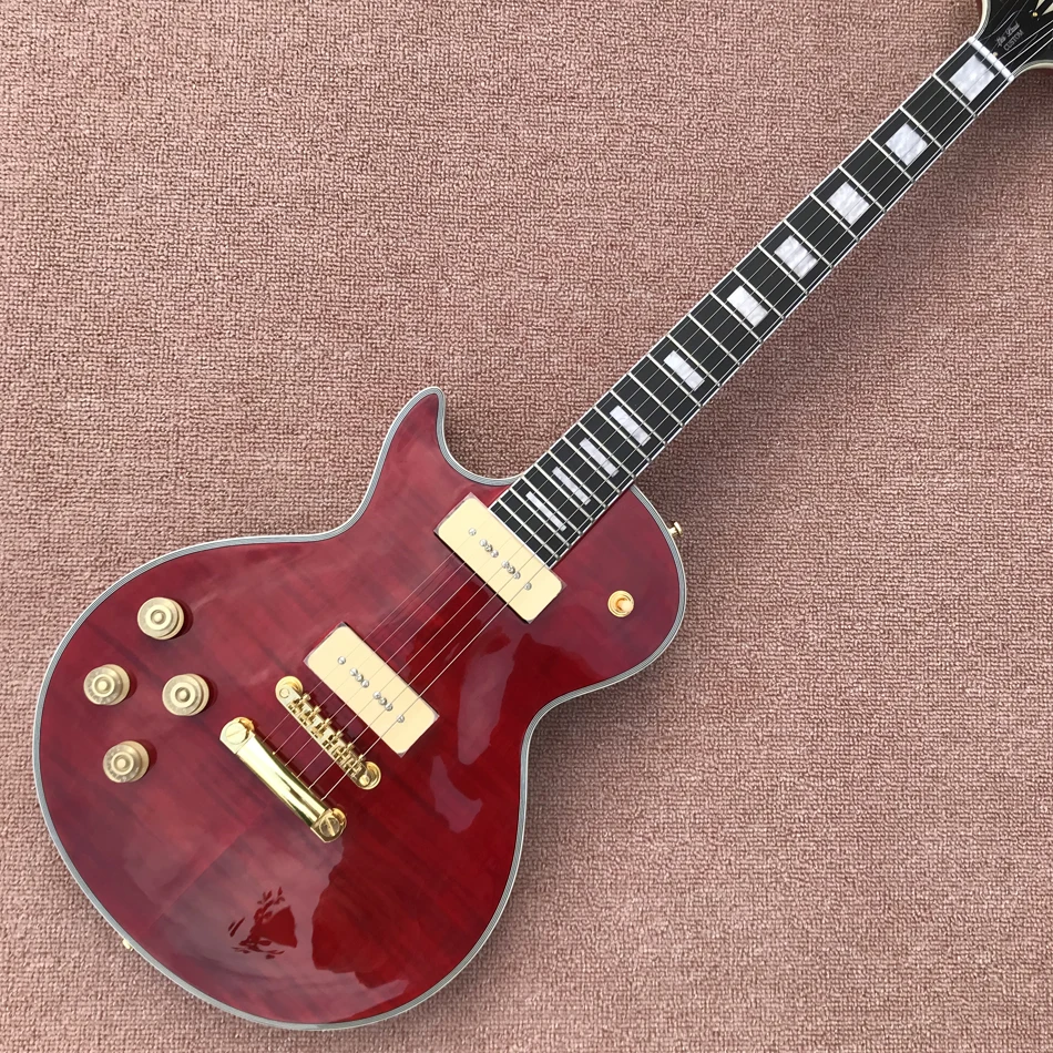 

Left Hand Custom Electric Guitar 2 P90 Pickups Flame Maple Top Transparent Red Color Rosewood Fingerboard