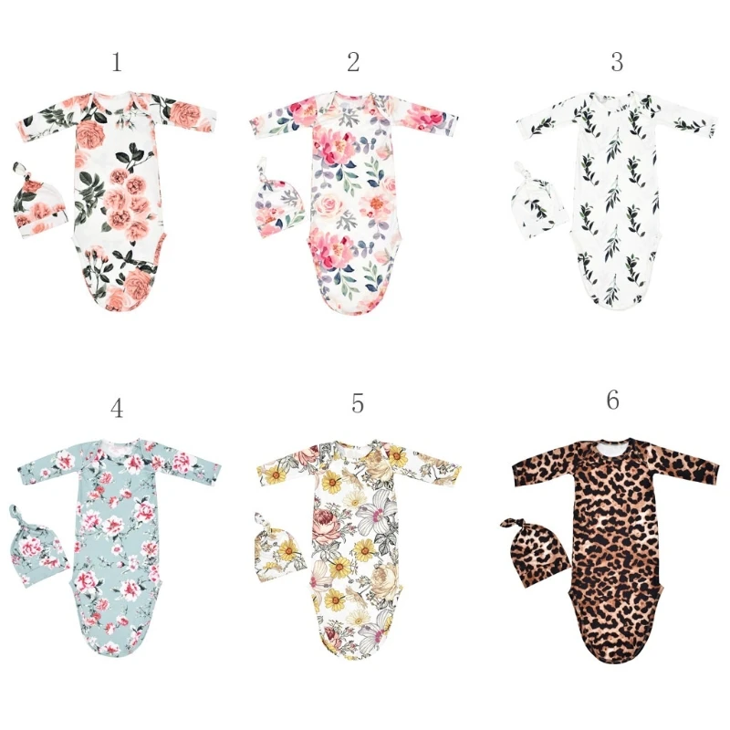

Comfortable Knit Knotted Newborn Baby Long-Sleeves Gown and Hat Round-Collar Drop Shipping