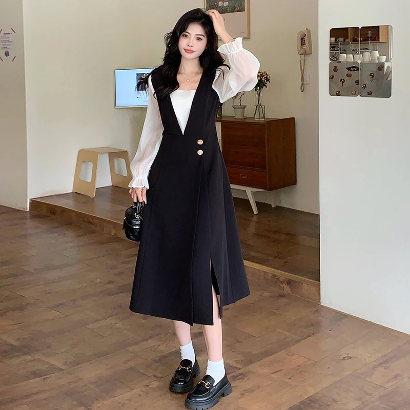 Осень-зима женские искусственные платья из двух частей с квадратным воротником