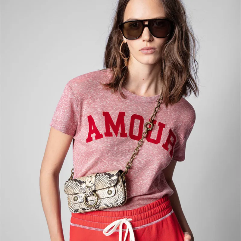 

Fashion Tshirts New Flocking Letters Woman Tshirts Spring Summer Zadig Voltaire Tshirts Casual Tops for Women Pink Color Tshirts
