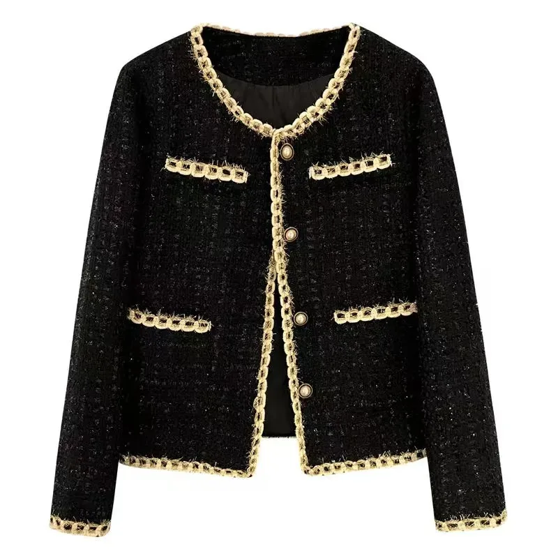 

Black Short Small Fragrance Jacket Women Coat Tweed Gold Thread Woven Overwear Casual Suit Jackets Female 2023 Spring Autumn New