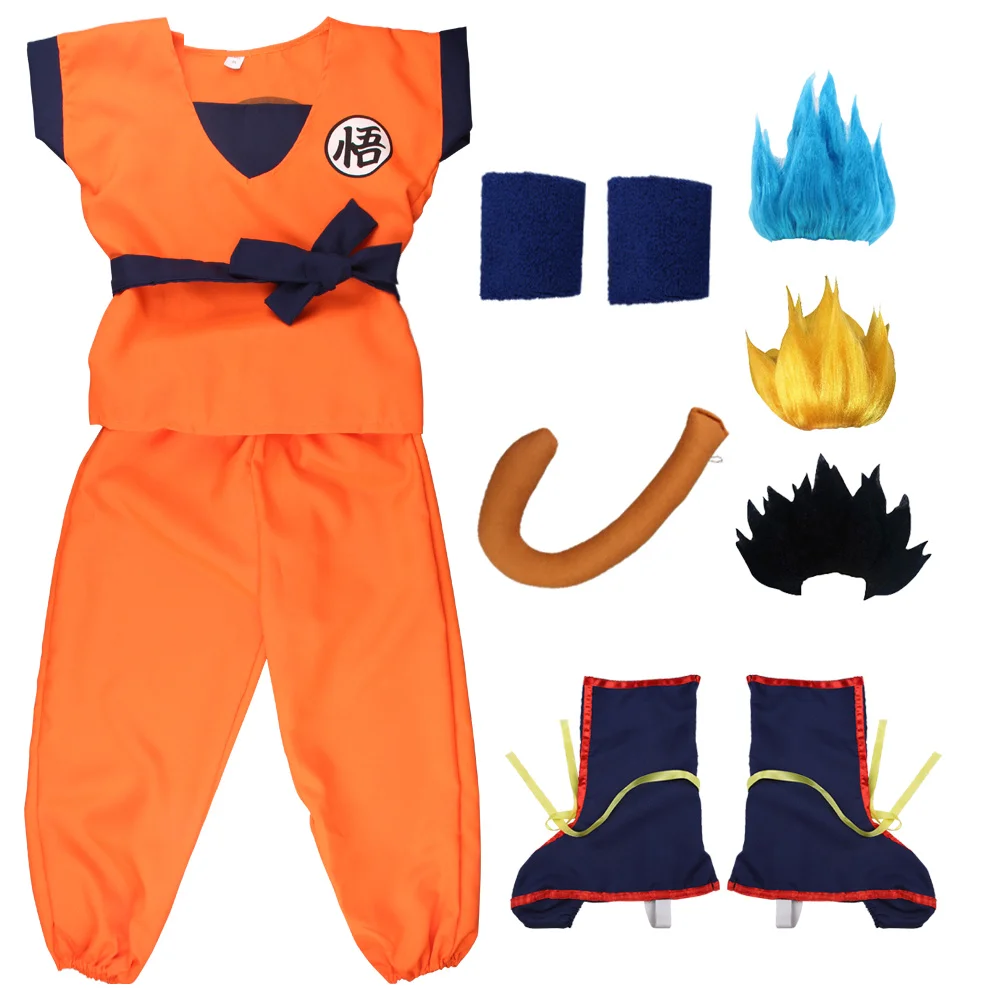 Trajes de Halloween para niños y adultos, disfraz de Son Goku, mono de superhéroes de Anime, disfraz de pelo negro