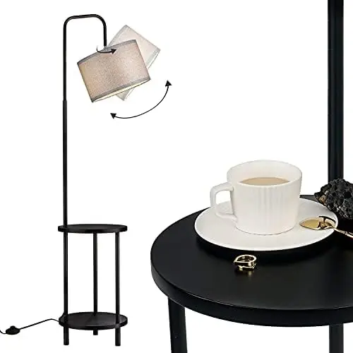 

Modern Floor Lamp for Living Room, Rubber Wood Side Table Lamp with Grey Fabric Drum Shade, End Table Tall Pole Standing Light f
