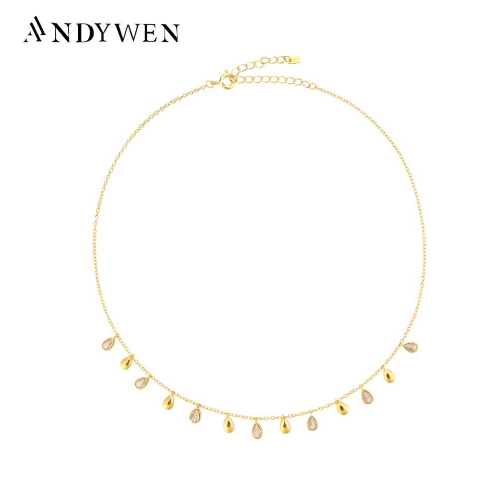 ANDYWEN 925 пробы Серебряный Золотой овальный Цирконий очаровательный чокер 40 см