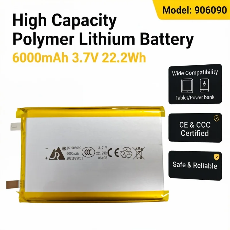 Фото Литий-полимерный аккумулятор 3.7V 6000mAh 22.2Wh, модель 906090, перезаряжаемая LiPo-ячейка с сертификатами CE и CCC для планшетов №1