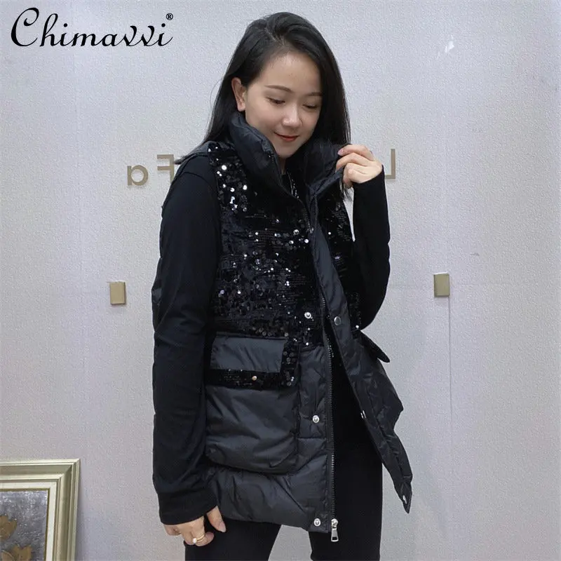 

Женский хлопковый жилет, Новинка осени и зимы 2022, модная облегающая верхняя одежда с черными пайетками, темпераментный Приталенный жилет, п...