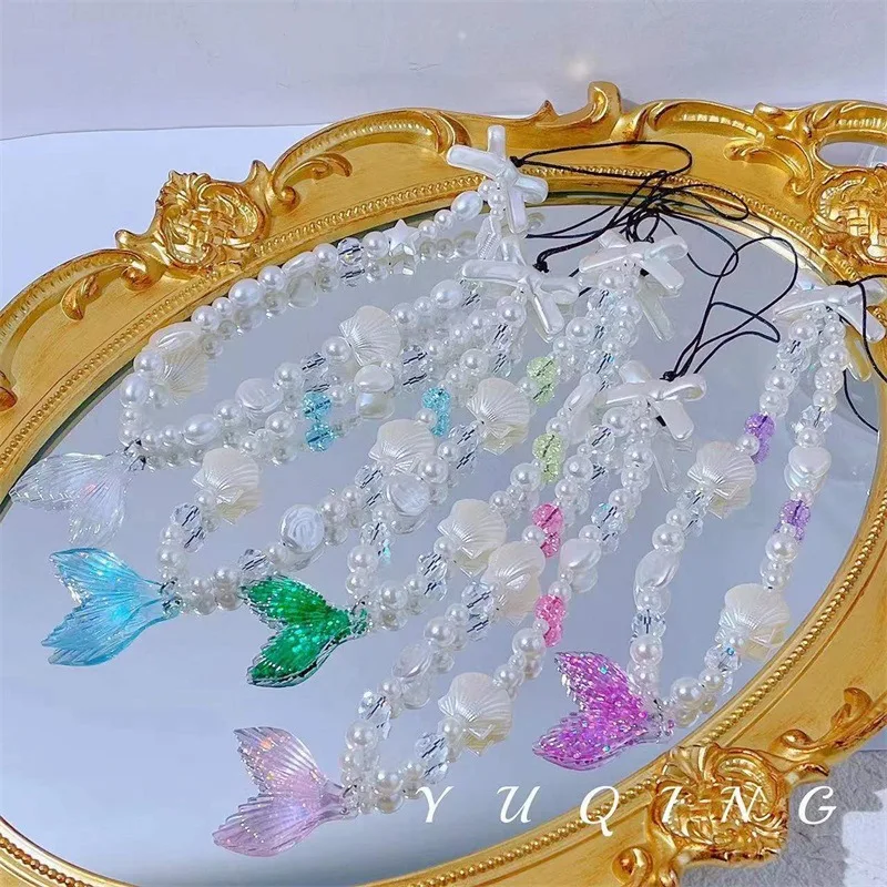

Charming Multicolor Mermaid Tail Colorful Resin Lanyard Decorate Imitation Pearl Bow Shell Mobile Phone Chain Fashion Accessorie