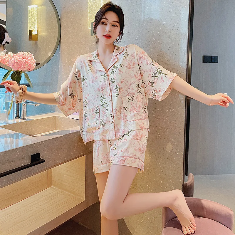 Summer Outfits Silk Pajamas Short Sleeve Short Sets For Women Loungewear Pink Flower Sleeping Clothes Women