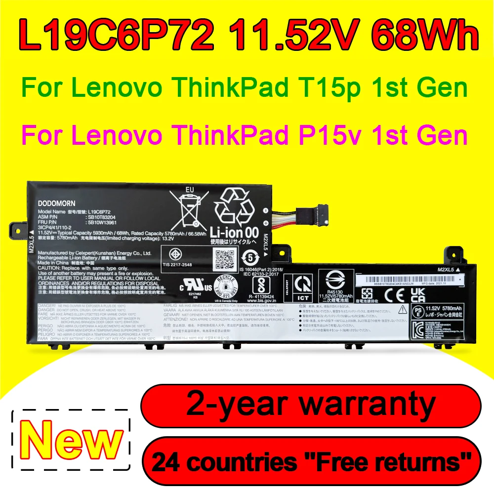 

Аккумулятор для ноутбука Lenovo ThinkPad P15V T15P 1-го поколения 20TN 20TQ L19L6P72 5B10W13960 5B10W1396 SB10T83203, 11,52 в, 68 Вт/ч, L19C6P72