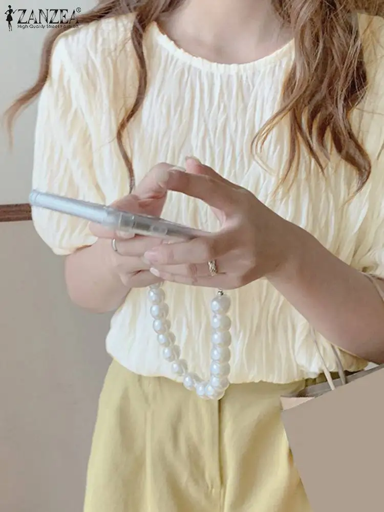 

ZANZEA Women Fashion Blouse Summer Solid Short Sleeve Shirt Casual Holiday Tops Puff Sleeve Sweet Style Party Club Blouse Mujer