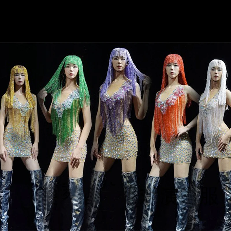 

5 Colors Sexy Fringes Rhinestones Dress Wigs Pole Dance Clothing Nightclub Dj Ds Stage Performance Costumes Rave Outfit XS5173