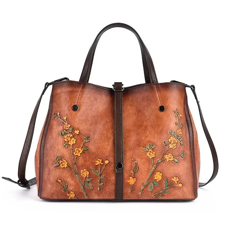 Fashion Retro Women's Genuine Leather Handbags For Female Embossed Leather Shoulder Bag Handmade Large Capacity Crossbody Bag