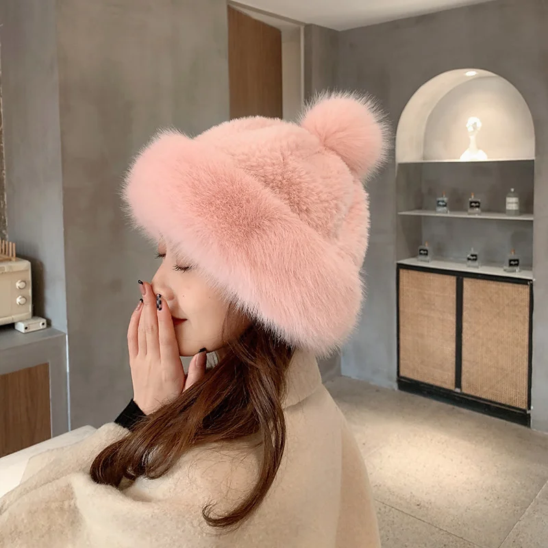 

High Quality Imitation Fox Wool Dome Hats Fur Casual Cap Outdoor Winter Women's Thick Pullover Beanie Princess Hat