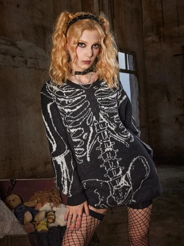 

Женский свитер со скелетом, свитер с длинным рукавом и узором в виде мексиканского скелета на Хэллоуин, свитер в Корейском стиле 2023 Y2K