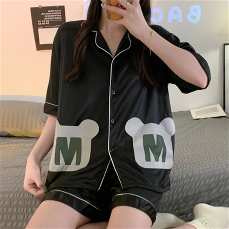 Cartoon Pajamas Set Casual Sweet Sleepwear For Women Pink Elastic Pyjama Women's Fashion Short Cute Homewear Clothes Big Size