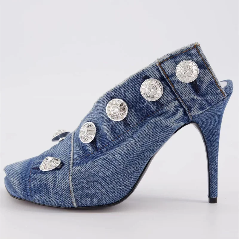 2023 Women's Summer European and American Vintage Denim Slim High Heel Button Sandals Fashion New Open Teeth Large Size Sandals