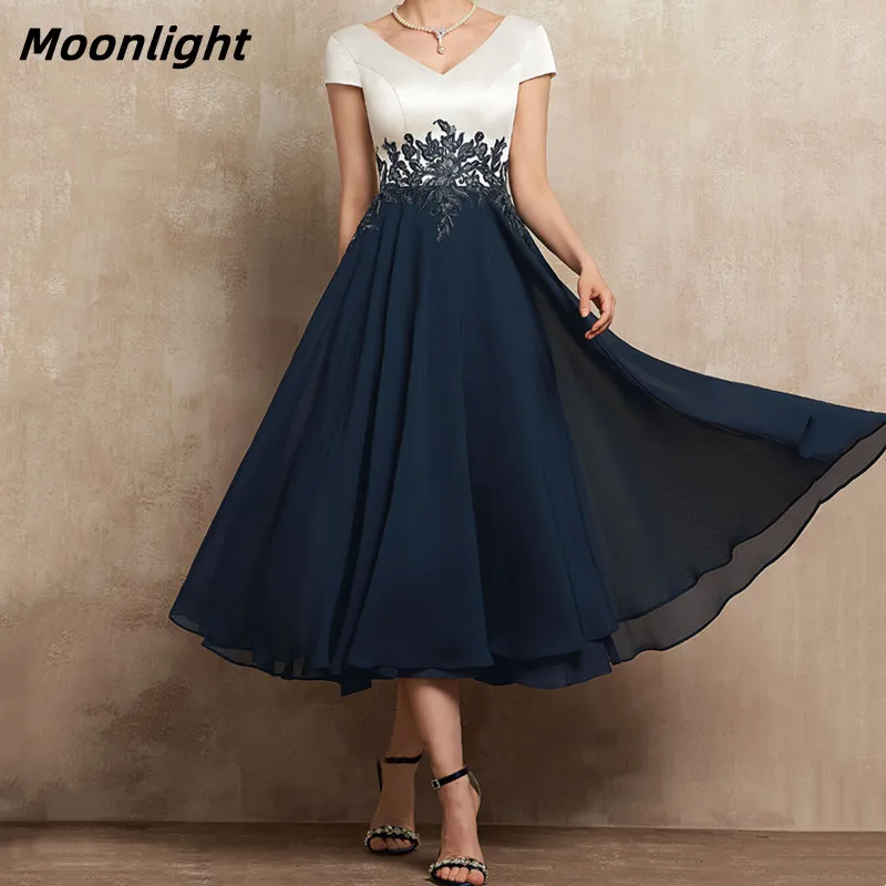 

Moonlight Elegant V-Neck Mother of The Bride Dress A-Line Lace For Wedding Party Evening Prom Gown Short Sleeve Zipper Fashion