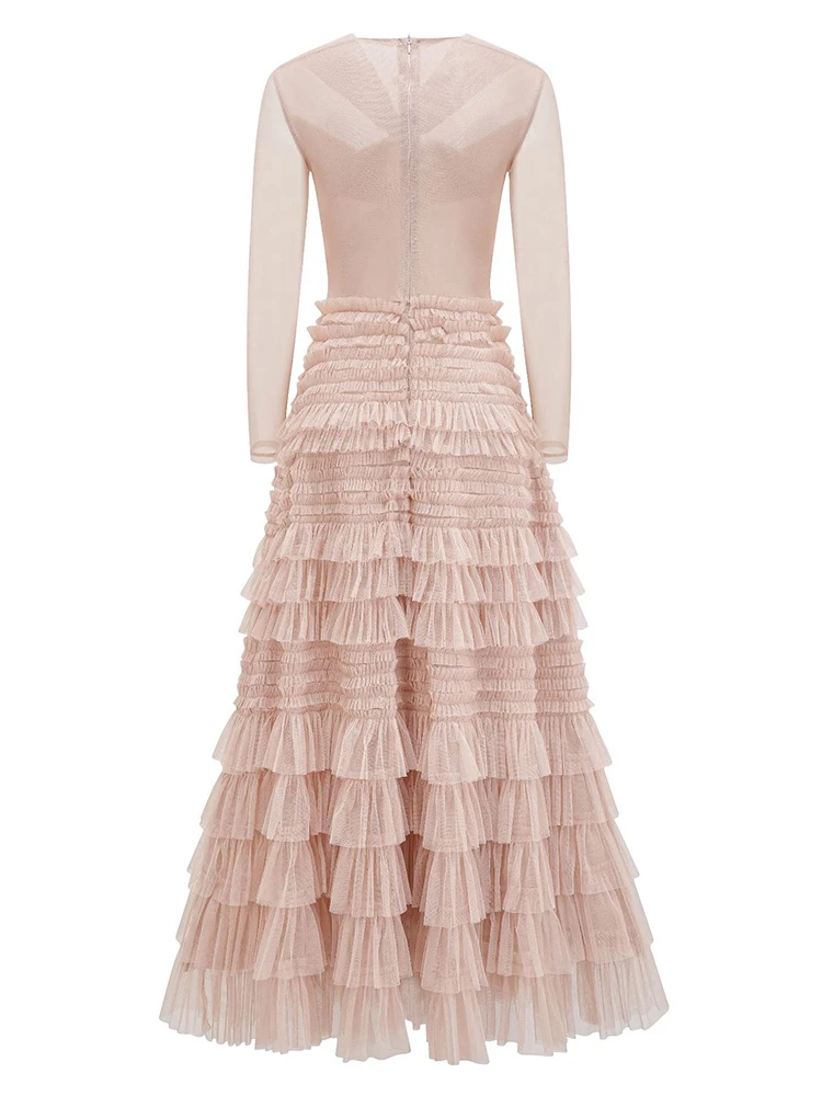 IEQJ однотонное кружевное сетчатое платье для женщин элегантное с круглым вырезом