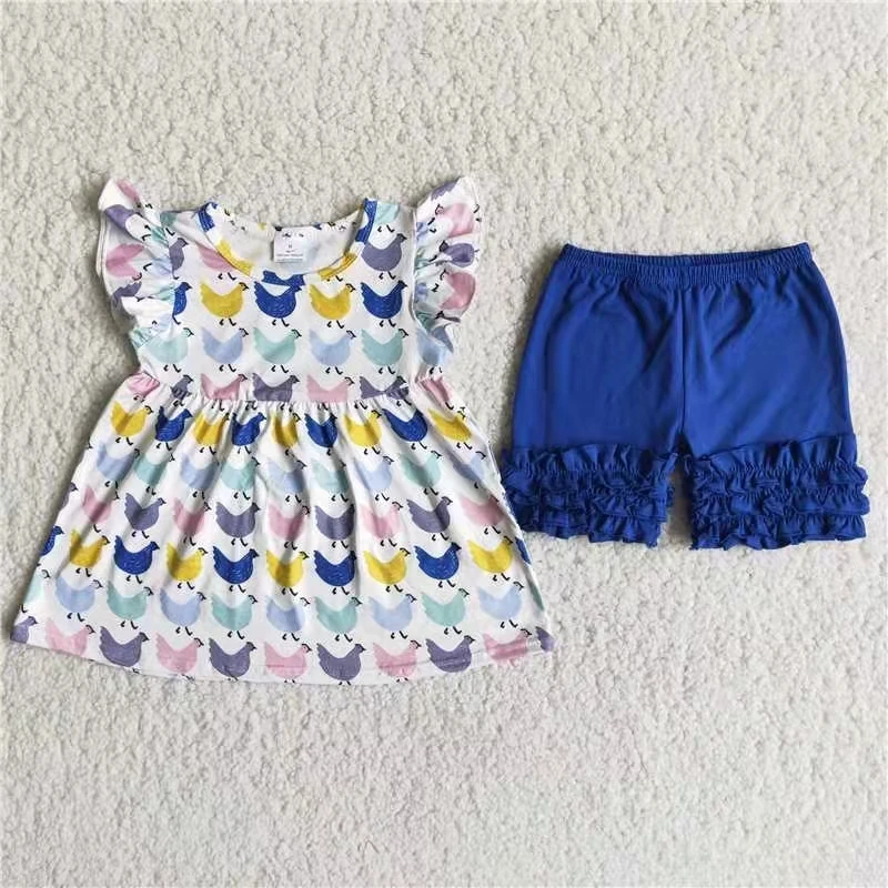 

kids clothes fashion children clothing summer shorts girl clothing set flutter sleeve chicken top and royal blue shorts outfit