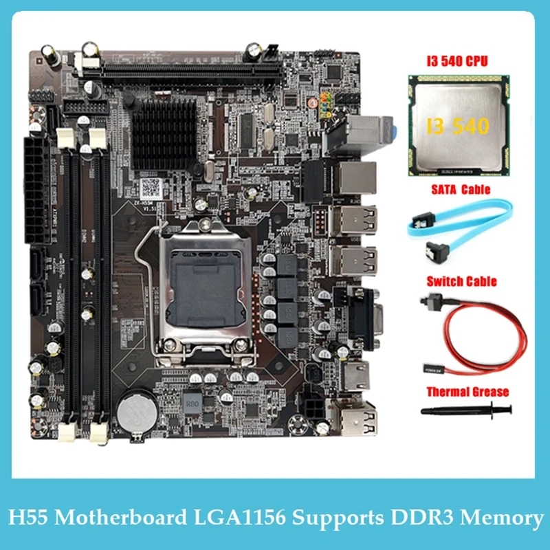 

Материнская плата H55 LGA1156 для настольного компьютера, поддерживает процессор I3 530 I5 760, память DDR3 + процессор I3 540 + кабель SATA + кабель переключателя + термопаста