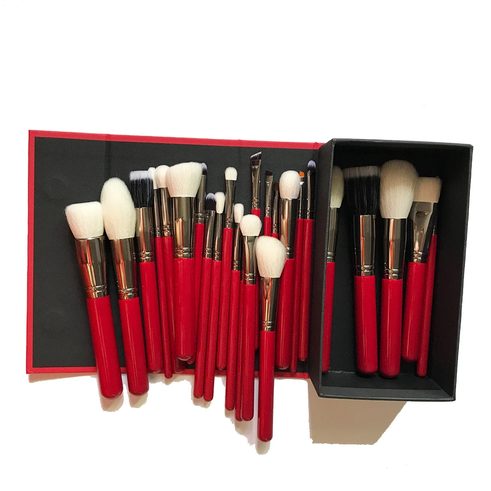 25 pieces red wood handle goat hair makeup brushes set with gift box super eyebrow eyeliner brush angled flat foundation tool
