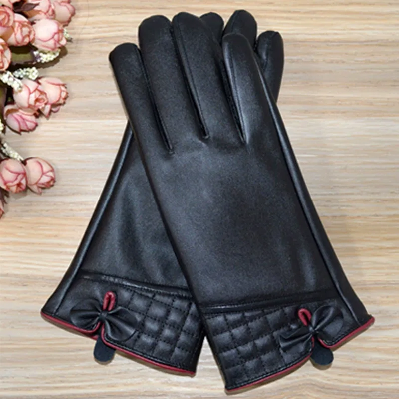 

PU Gloves Ladies Thickened Warm Plus Velvet Touch Screen Gloves Autumn And Winter Windproof Cold-proof Outdoor Riding Ski Gloves