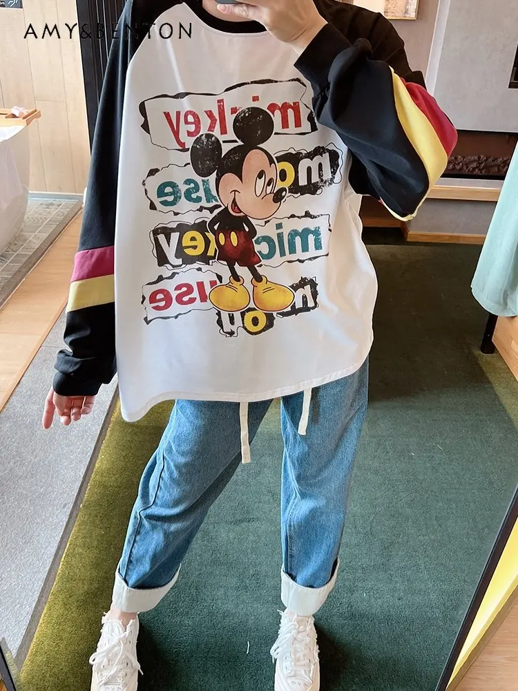 

New Autumn Special Multicolor Cartoon Printed Long-Sleeved Pure Cotton Loose T-shirt for Women Casual Pullover Tops for Ladies