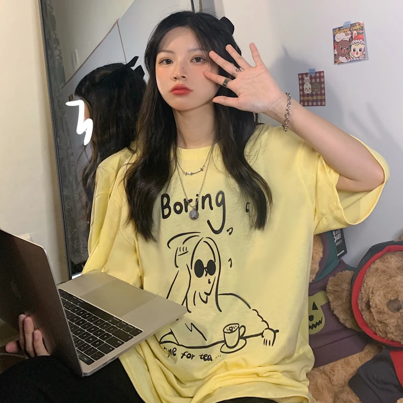 

Summer Thin Cotton T-Shirt Women Korean Fashion Boring Man Print Loose Round Neck Short-Sleeved Tops A1001#
