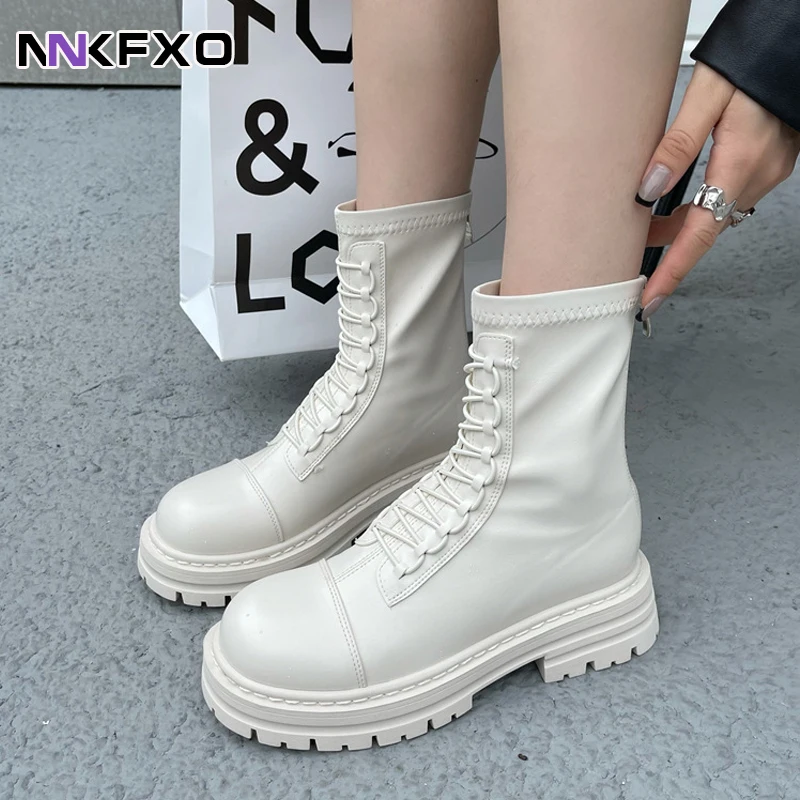 

New Black Platform Combat Ankle Boots for Women Lace Up Strap Woman Shoes Winter Biker Boots Boots for Women Platform vc4459