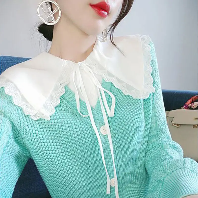 

WDMSNA Autumn Sweet Lace Stitching Knitted Cardigan Peter Pan Collar Single Breasted Cardigan Fake Two Long Sleeve Sweater Women