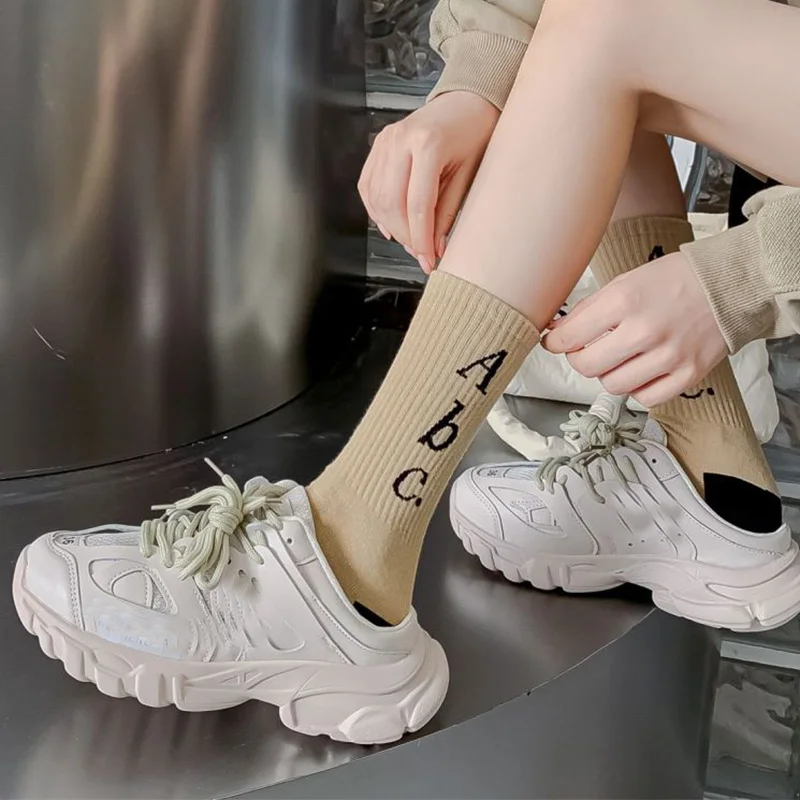 5 Pairs Comfortable Soft Pure Cotton Socks Women Letter Print Long Winter Socks Cute Streetwear Korean Style Fashion New Socken