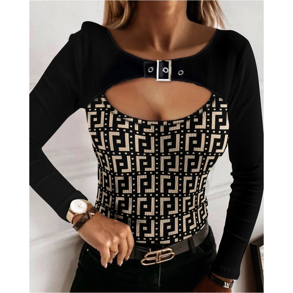 

Осенний женский Простой вырез с передними ушками пряжкой детализированный Топ 2022 Женский Повседневный геометрический принт футболка с дли...