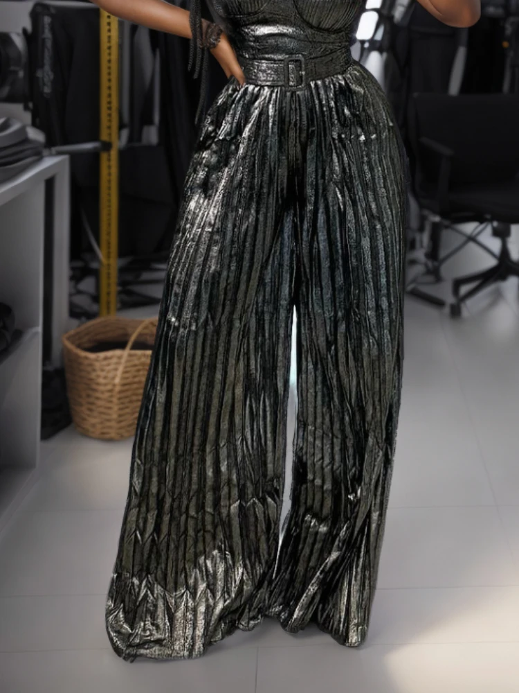AOMEI металлические брюки с высокой талией серебристые блестящие широкие длинные
