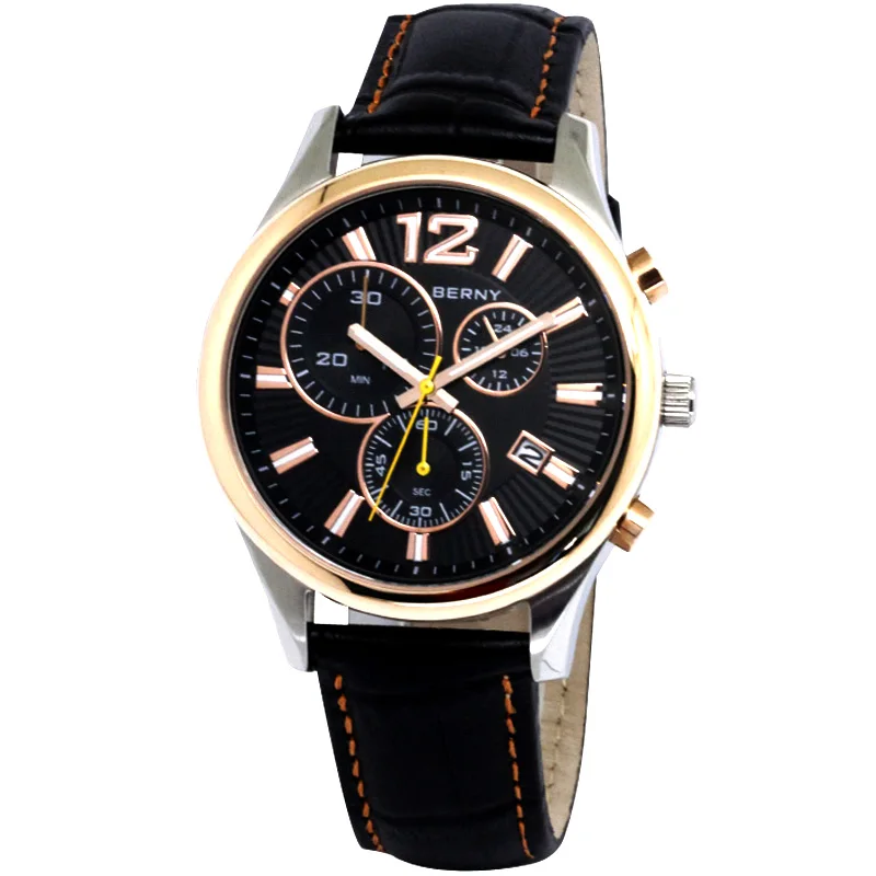 

BERNY Men Quartz Sport Watches STOP WATCH Chronograph Luminous leather Strap Calendar Multi-function Sport Wristwatch Waterproof