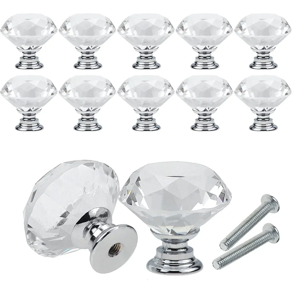 

NEW2023 10Pcs/Set 30mm Diamond Shape Design Crystal Glass Knobs Cupboard Drawer Pull Kitchen Cabinet Door Wardrobe Handles Hardw