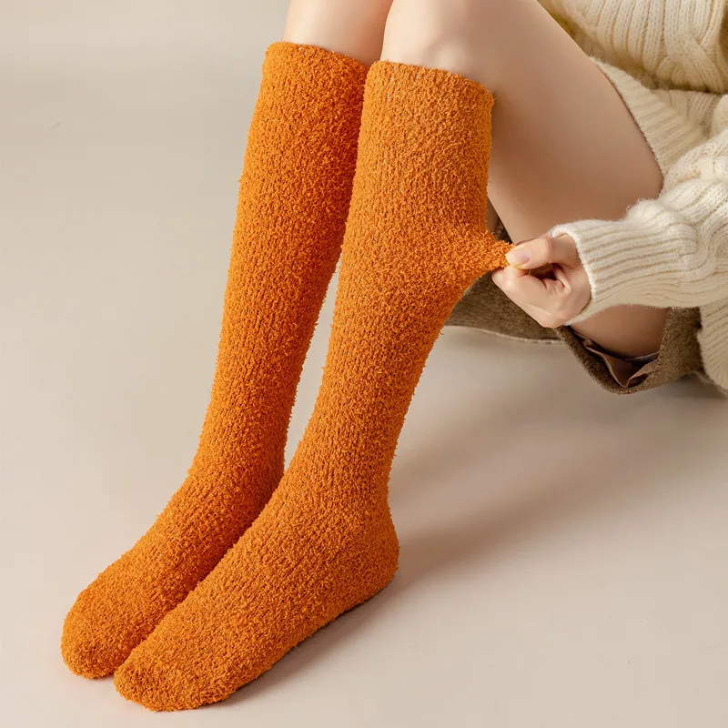 Long Winter Socks Women Solid Color Warm Coral Fleece Plush Sleep Floor Socking Thick Soft High Sock Hosiery Student Socken Girl