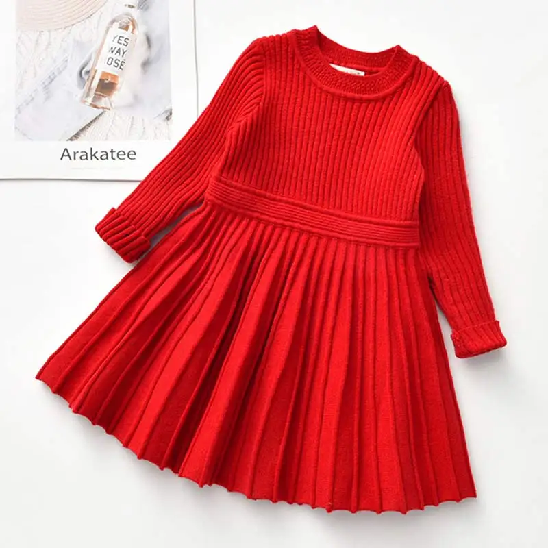 

Baby Girls Knitted Christmas Sweaters Dress Kids Solid Ribbed Dresses Princess Party Clothes Winter Autumn Fashion Cute Costumes