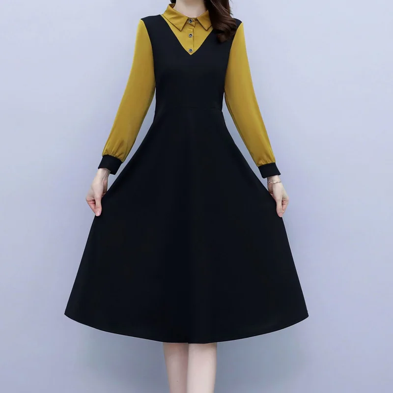 

Юбка-трапеция в стиле пэчворк, однотонная женская модная Корейская Новинка 2023, пуловеры с длинным рукавом и карманами, женская одежда на весну и осень