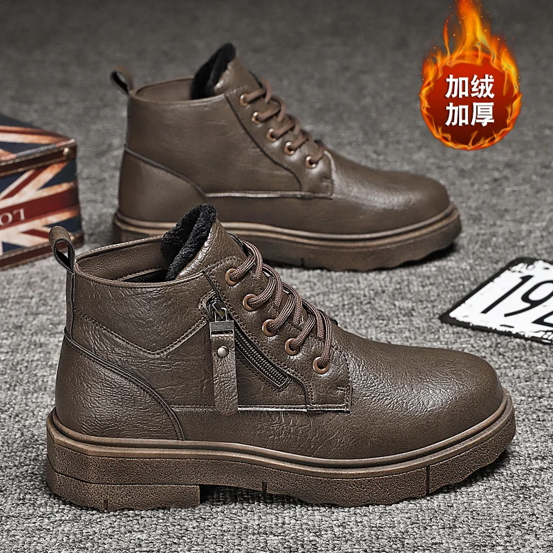 

Winter 2021Pu Leather Boots for Men Inside Fur Men Zip Boots Brand Fashion Casual Shoes For Men Anti-Slip Mens Cowboy Boots