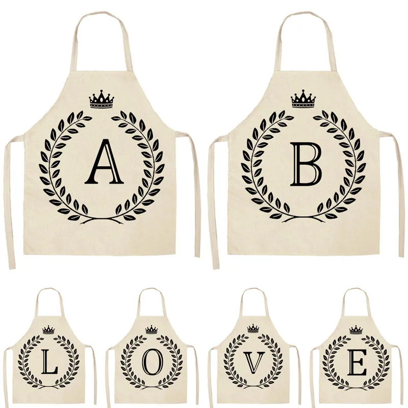 

Crown Letter Alphabet Printed Kitchen Apron for Woman Man Cotton Linen Aprons For Cooking Home Cleaning Tools 53*65cm ZM1002