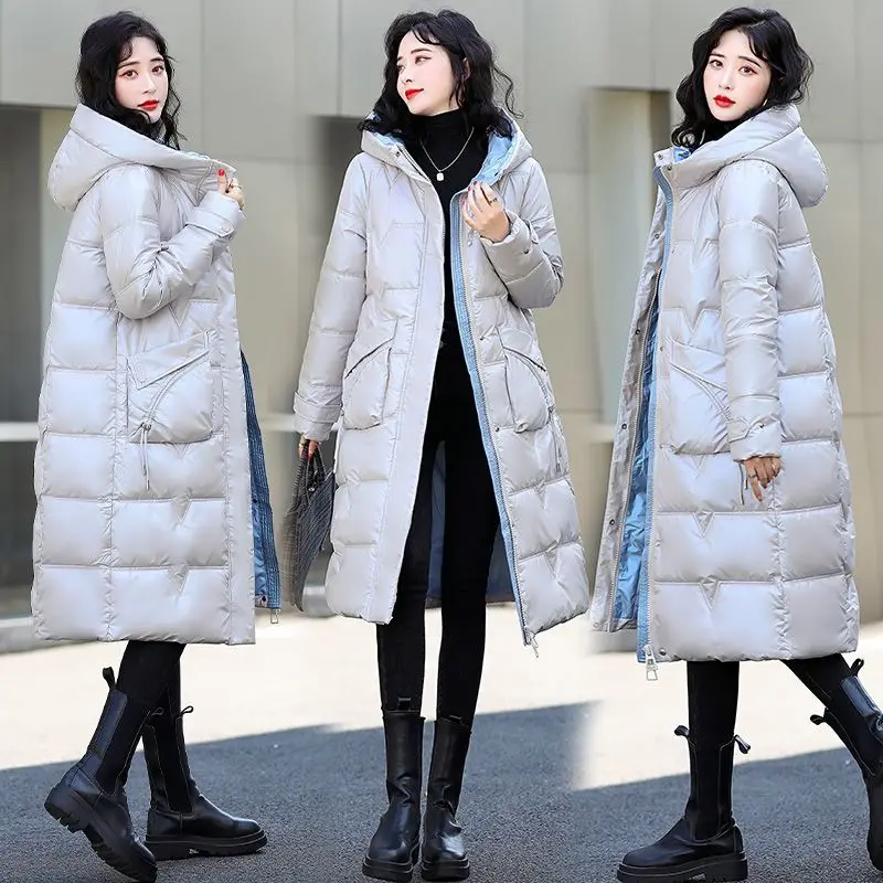 Winter Big Hood Jacket Knee Length Loose White Duck Down Padded Overcoat Warm Down Zipper Pockets New 2023 Down Women Coat M49