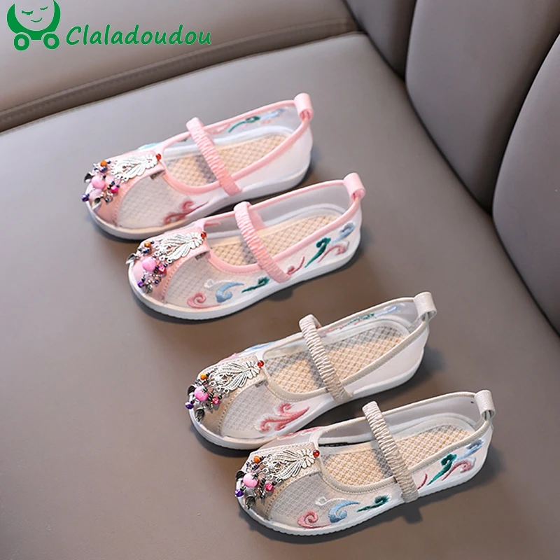 

15-21cm Little Princess Embroidered Flowers Dress Shoes For Party Perfomance,Fashion National style Kid Mesh Retro Casual Shoes