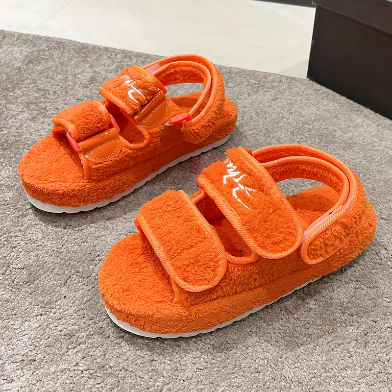 Women Letter Embroidered Hook loop Fastener Sandals Fuzzy Fur Platfrom Flats Leisure Fashion Fabric Slingback Cute Beach Shoes