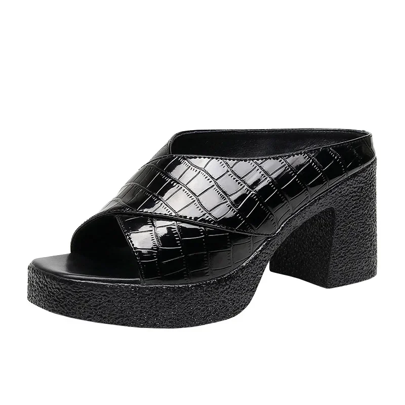 Удобные качественные лакированные кожаные тапочки 8 см женская обувь на