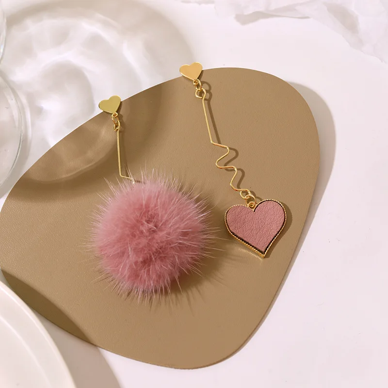 

925 Silver Needle New Drop Oil Love Color Combination Hair Ball Earrings Cute Long Style Tassel Stud Earrings Women Jewelry