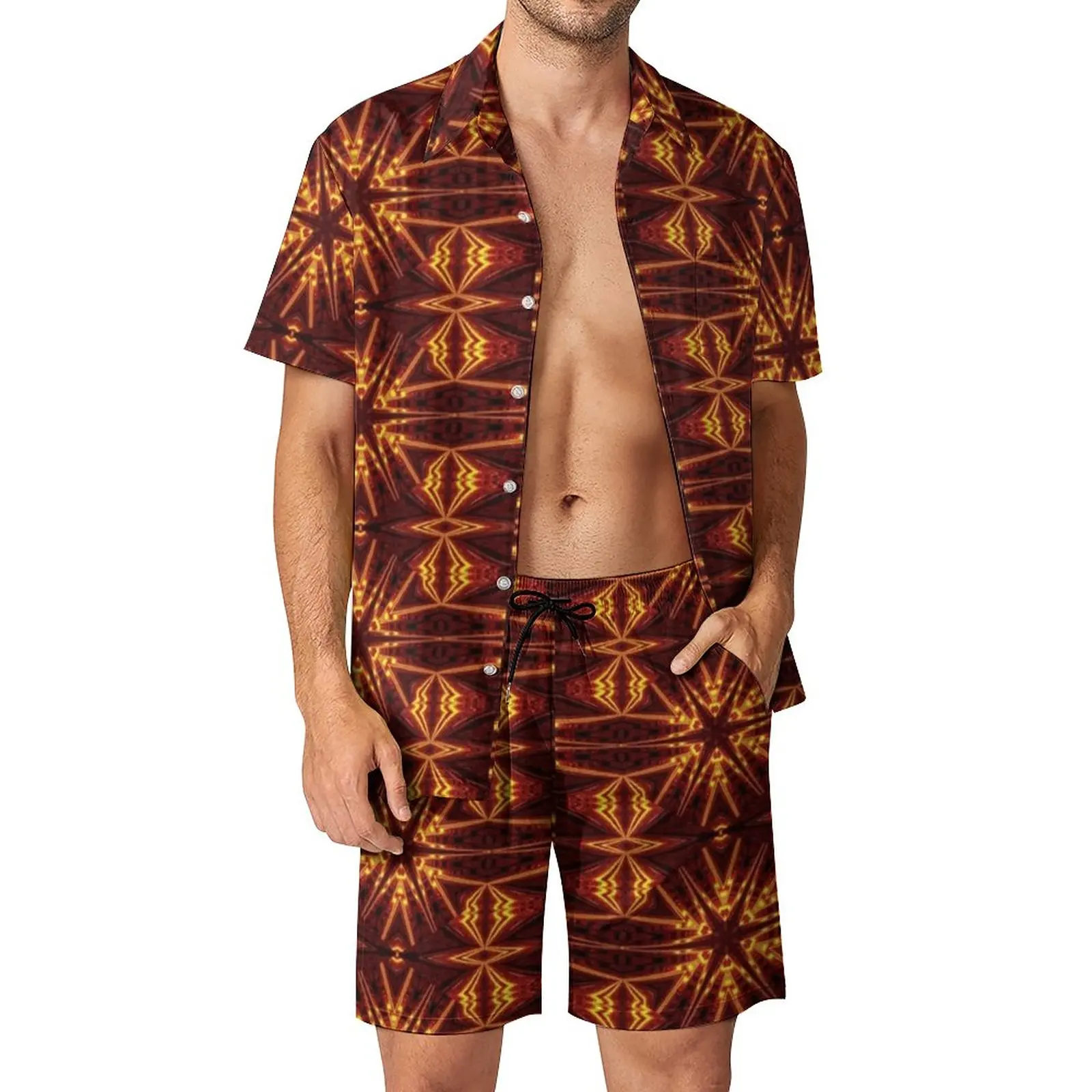 

Aztec Sun Fire Beachwear Men Sets Retro Print Casual Shirt Set Summer Graphic Shorts 2 Piece Aesthetic Suit Plus Size