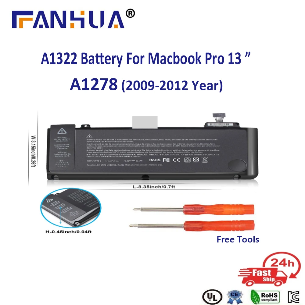 

A1322 A1278 Macbook Battery for Apple Macbook Pro 13 inch A1278 Mid 2012 2010 2009 Early 2011, free 2 pcs Screwdrivers