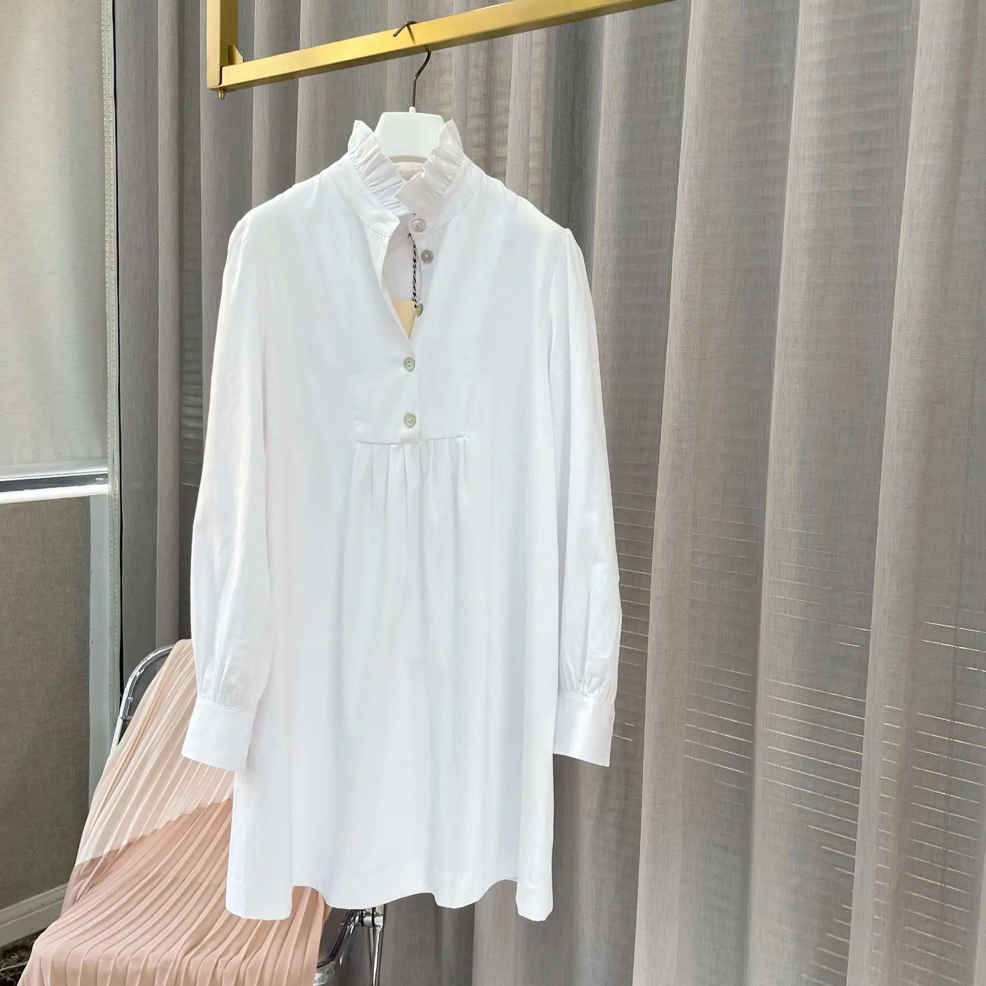 

Women's White Straight Shirt Dress Ruffle Neck Long-sleeved lady Mini Robe