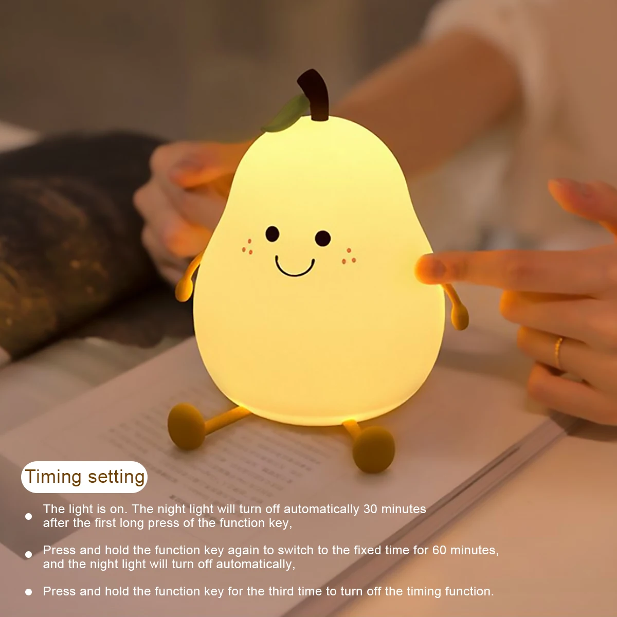 

USB Rechargeable Touch LED Pear Fruit Night Light Dimming Silicone Table Lamp Bedroom Bedside Decoration with 7-Color and Timer