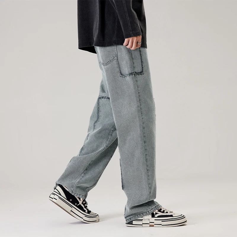 Loose Street Style Straight Cargo Pants Jeans Men's Fashion Brand Splicing Cargo Pants Retro Trend Casual Youth Denim Loose MEN